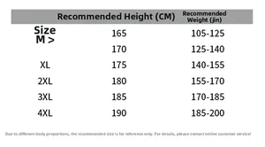 Detailed size chart for men casual bomber jacket with height and weight recommendations