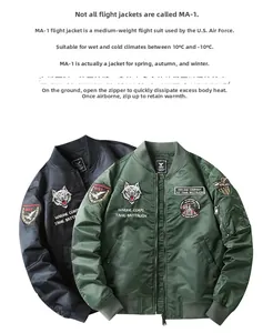Detail of MA-1 flight jackets in black and green with military embroidery patches