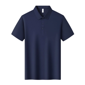 Close-up of the breathable polo shirt collar and inner size label on navy blue fabric
