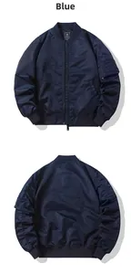 Detailed front and back view of blue MA1 bomber jacket with sleeve pocket and ribbed cuffs