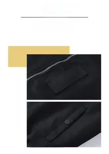 Detail view of black casual bomber jacket showing functional metal zipper and side pockets