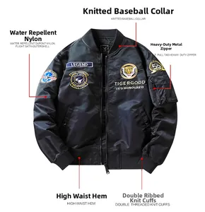 Detail view of black flight bomber jacket with embroidered badges and knitted baseball collar
