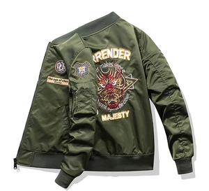 Detailed view of the red dragon embroidery on the back of olive green bomber jacket