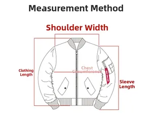 Size guide showing how to measure shoulder, length, chest, and sleeve of bomber jacket