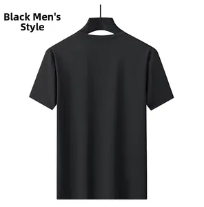 Detail of premium black ice silk modal crew neck t-shirt for men in flat lay