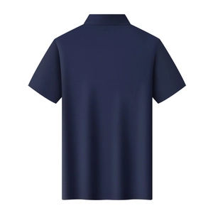 Rear view of a navy blue ice silk polo shirt for men showing the smooth collar and hem