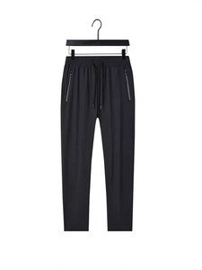 Men's ice silk joggers featuring elastic drawstring waist and side zipper pockets