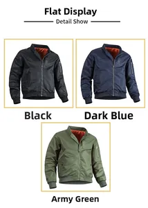 Detailed views of men's bomber jackets in black, navy blue, and army green colors