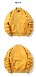 Front and back view of a bright yellow MA-1 pilot bomber jacket with classic ribbing