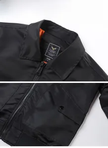 Detail of pilot bomber jacket featuring orange lining and large utility pockets
