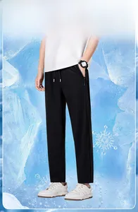Detail of men's quick-dry icy silk pants with zipper pockets and drawstring waist