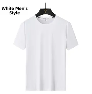 Detail view of smooth breathable ice silk modal fabric on men's white crew neck T-shirt