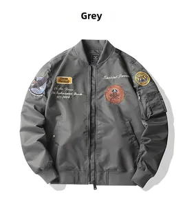 Détail du blouson aviateur gris avec écussons militaires et poche zippée sur la manche
