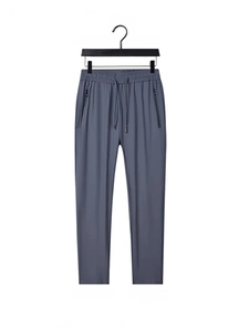 Men's ice silk straight trousers in dark grey with elastic waist and zipper pockets