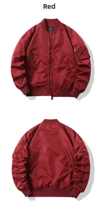 Front and back views of a classic burgundy MA1 bomber jacket with sleeve pocket detail
