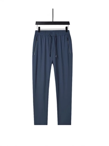 Men's ice silk high elastic sports pants in dark grey-blue with drawstring waist