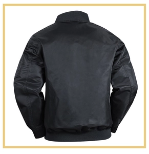 Back view of men's black bomber jacket with ribbed collar and tactical sleeve pocket