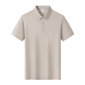 Close-up of beige seamless ice silk polo shirt with three-button placket and size label