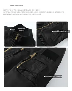 Detailed views of MA1 flight jacket showing tactical zipper pockets and ribbed collar trim