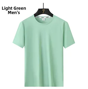 Detail view of light green ice silk modal T-shirt for men with a classic round neck design