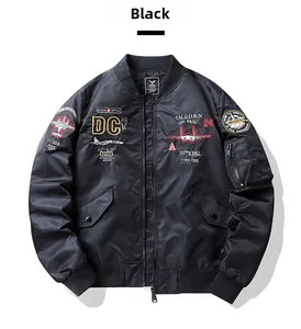 Detail of black military bomber jacket with flight squadron embroidery and utility pocket