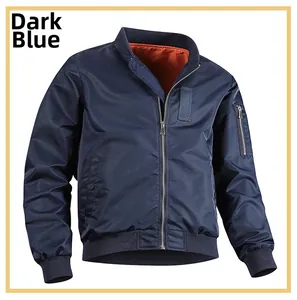 Detail view of navy blue bomber jacket with classic orange lining and sleeve zip pocket
