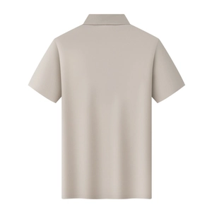 Detailed back view of a beige ice silk polo shirt showing the breathable piqué fabric texture