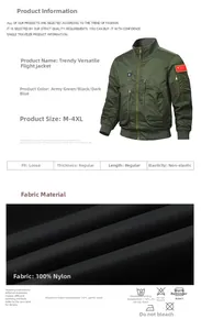 Detailed size chart and specifications for the MA-1 flight bomber jacket with washing guides