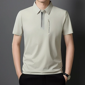 Men's ice-silk short sleeve polo shirt in beige with zip pocket and snap collar