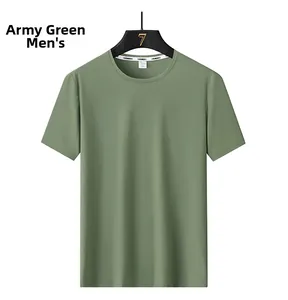 Close-up of military green ice silk t-shirt with breathable striped texture detail