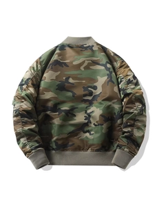 Men's loose camouflage bomber jacket with woodland pattern and ribbed trim from back view