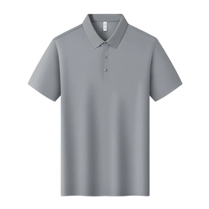 Detail of grey ice silk polo shirt featuring breathable mesh fabric and classic collar