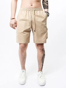 Men's khaki cargo shorts with elastic drawstring waist and side flap pockets