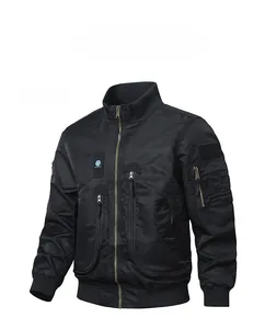 Detail view of black flight jacket showing ribbed cuffs and functional tactical pockets