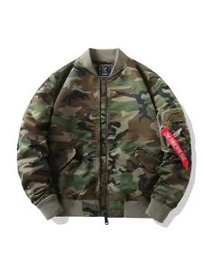 Camo bomber jacket for men with padded thickening and utility sleeve pocket detail