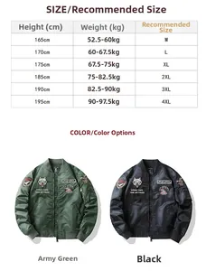 Detailed size chart for MA-1 flight bomber jacket showing height and weight recommendations