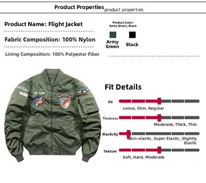 Detail view of military green bomber jacket with 100% nylon fabric and embroidered patches