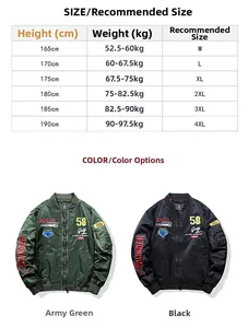Size chart for MA-1 bomber jacket with detailed height and weight recommendations in a table