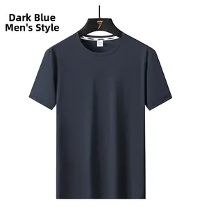 Detail of dark blue ice silk modal t-shirt showing breathable fabric and crew neck