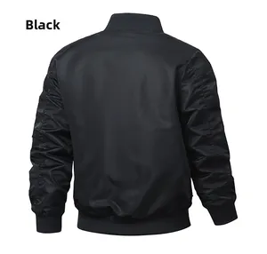 Back view of a black MA-1 bomber jacket featuring ribbed trim and ruched sleeve details