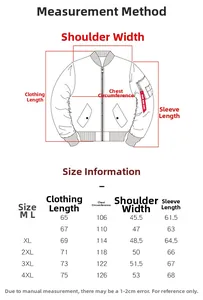 Size chart for men's bomber jacket showing shoulder, chest, length, and sleeve measurements