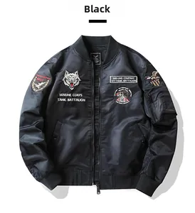 Detail of black flight bomber jacket with military embroidery patches and sleeve pocket