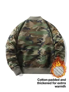 Camo bomber jacket with windproof fabric and warm padded lining for men's casual wear