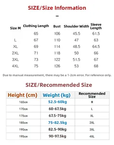 Guide des tailles pour blouson aviateur MA1 du M au 4XL pour vêtements d'extérieur