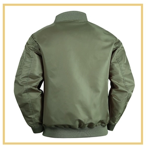 Back view of army green bomber jacket featuring rib-knit collar and utility sleeve pocket
