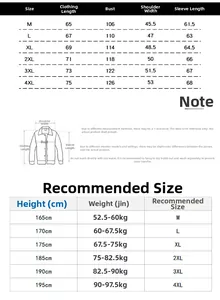 Detailed size chart for men's embroidered bomber jacket with measurements and guide