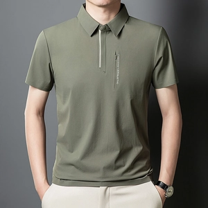 Men's olive green summer ice silk short sleeve polo shirt with a stylish zipper neck
