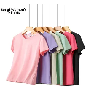 Detail of six breathable ice silk modal t-shirts in pastel colors for women