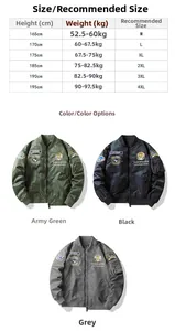 Detailed size chart and multi-color selection for men's vintage bomber flight jacket