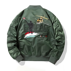 Detailed back embroidery of military pilot jacket featuring helicopter and soldier motifs